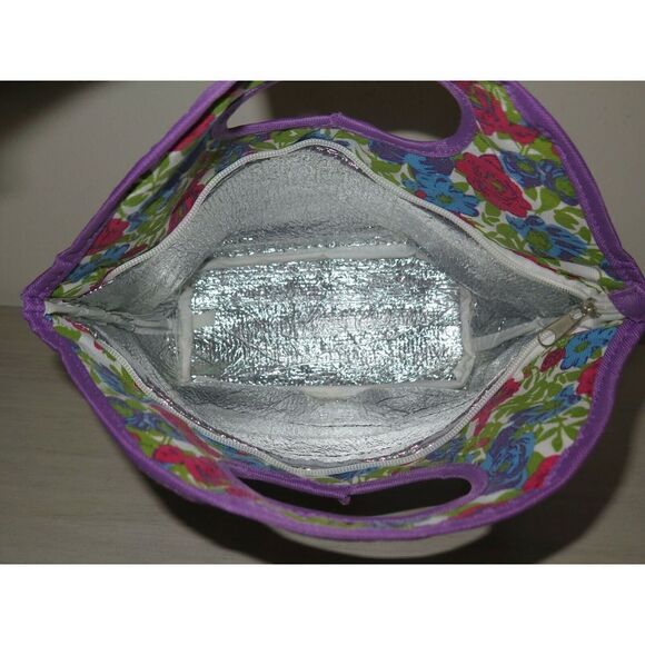 Lily McGee Gourmet Fabric Lunch Tote Bag FLORAL ROSES white Red Insulated $52 - Picture 5 of 5